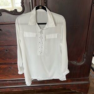 Classic White Lace-Up Collared Blouse